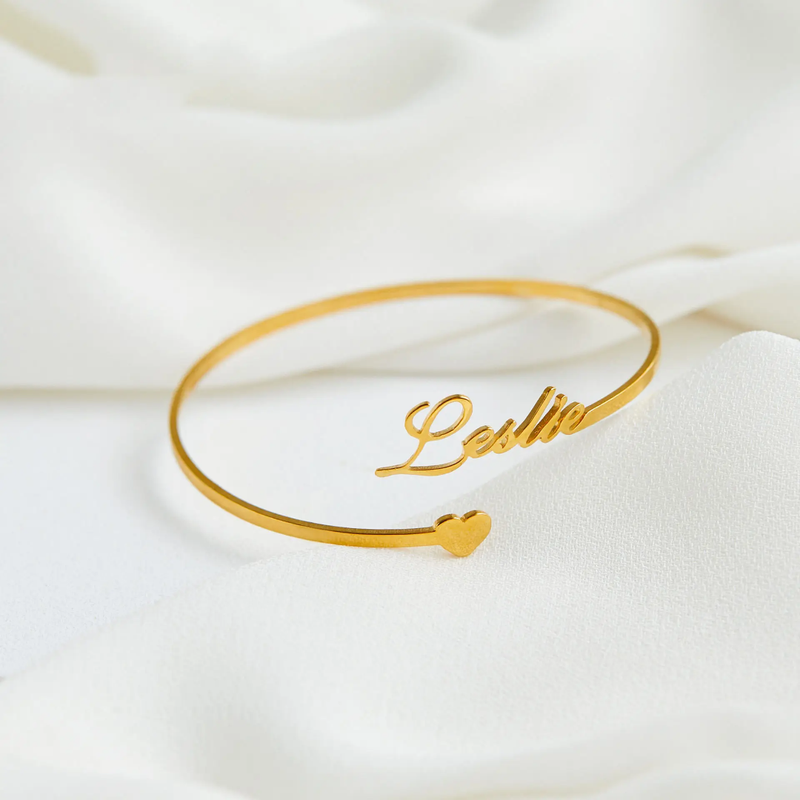 Custom Open Cuff Bangle With Heart Bracelet