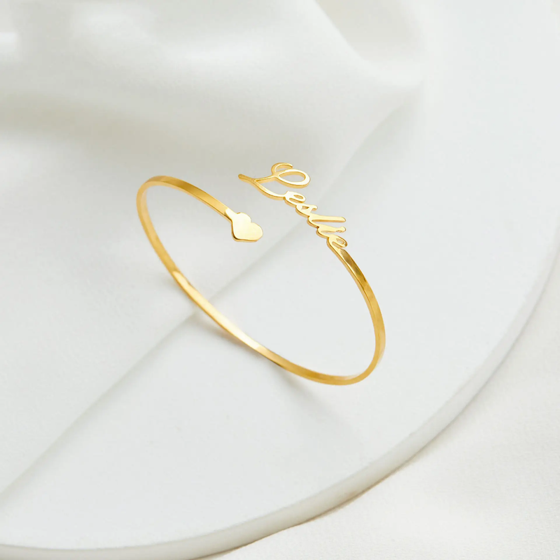 Custom Open Cuff Bangle With Heart Bracelet