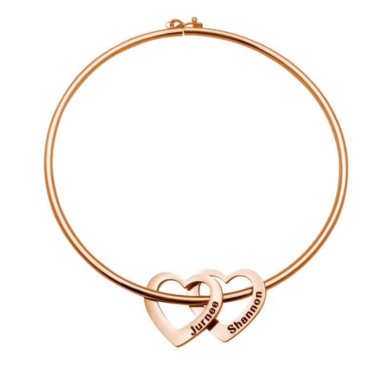 Rose gold engraved heart charm bangle