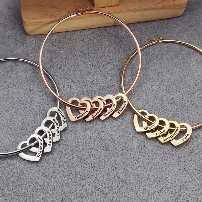 Gold silver and rose gold heart bangle finishes