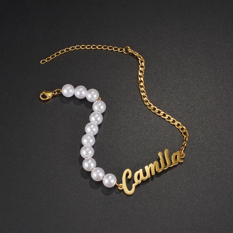Half Pearl and Half Cuban Name Bracelet