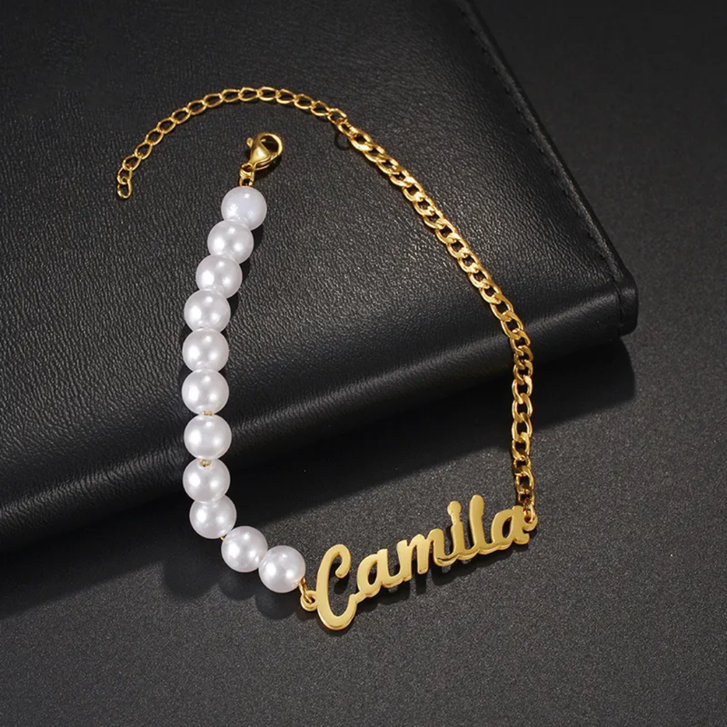Half Pearl and Half Cuban Name Bracelet