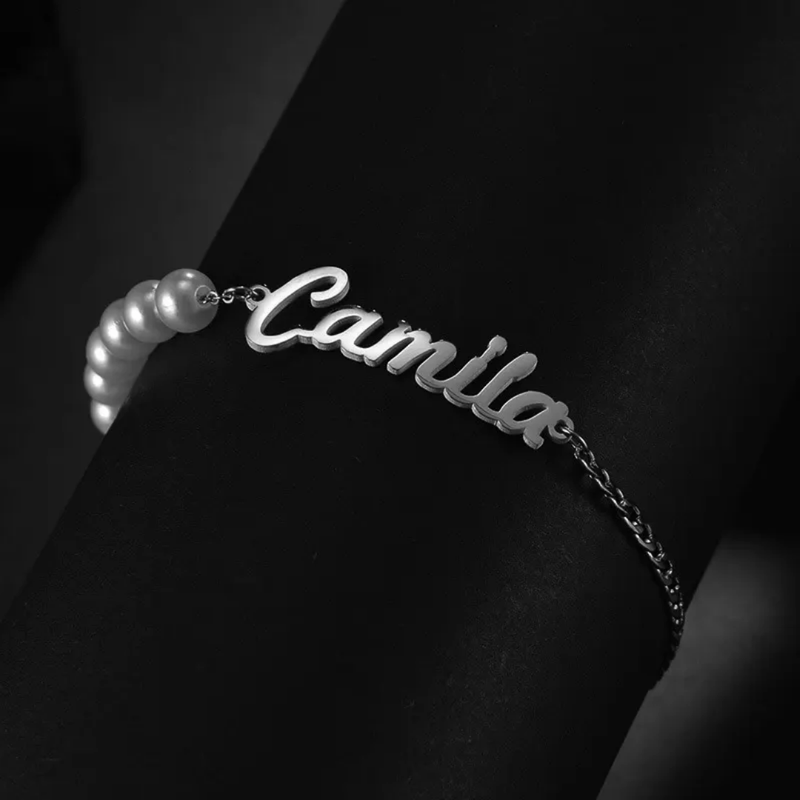 Half Pearl and Half Cuban Name Bracelet