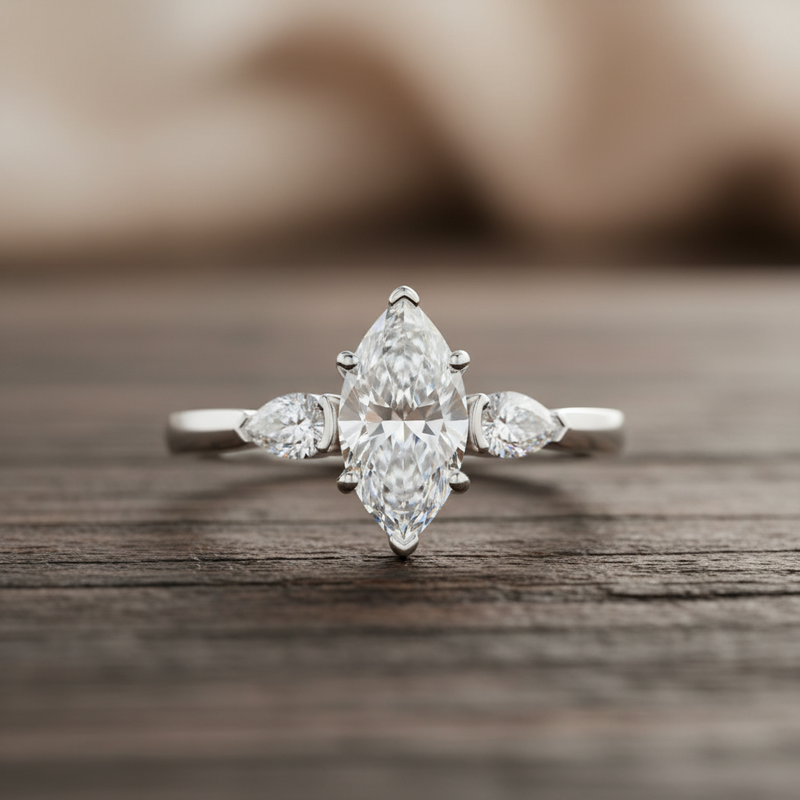 Marquise Cut Moissanite Three-Stone Engagement Ring – Sterling Silver