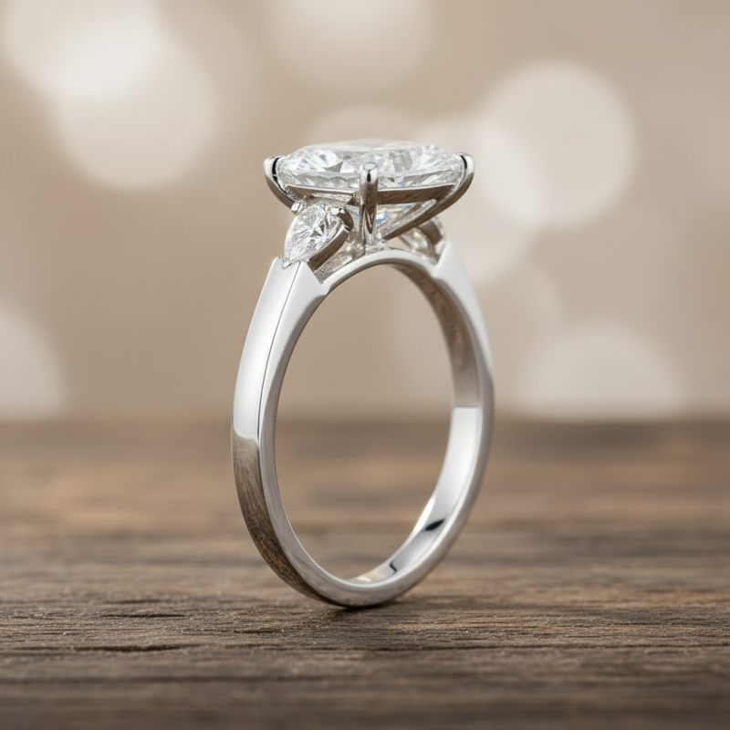 Marquise Cut Moissanite Three-Stone Engagement Ring – Sterling Silver