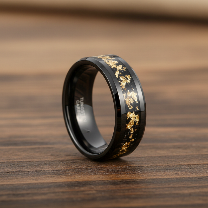 18K Gold Inlay on Back Tungsten Carbide Ring - 8mm Wide