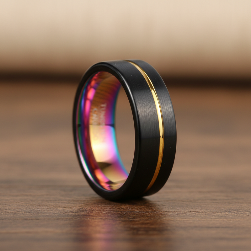 8mm Tungsten Carbide Black Dome Ring with Carbon Line Groove