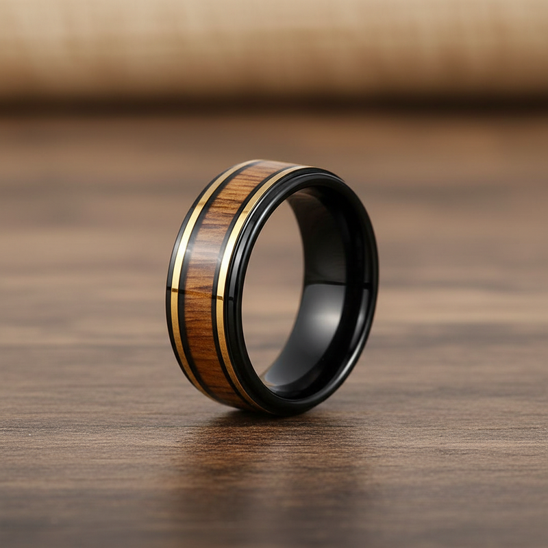 8mm Black Stainless Koa Wood Inlay Steel Ring