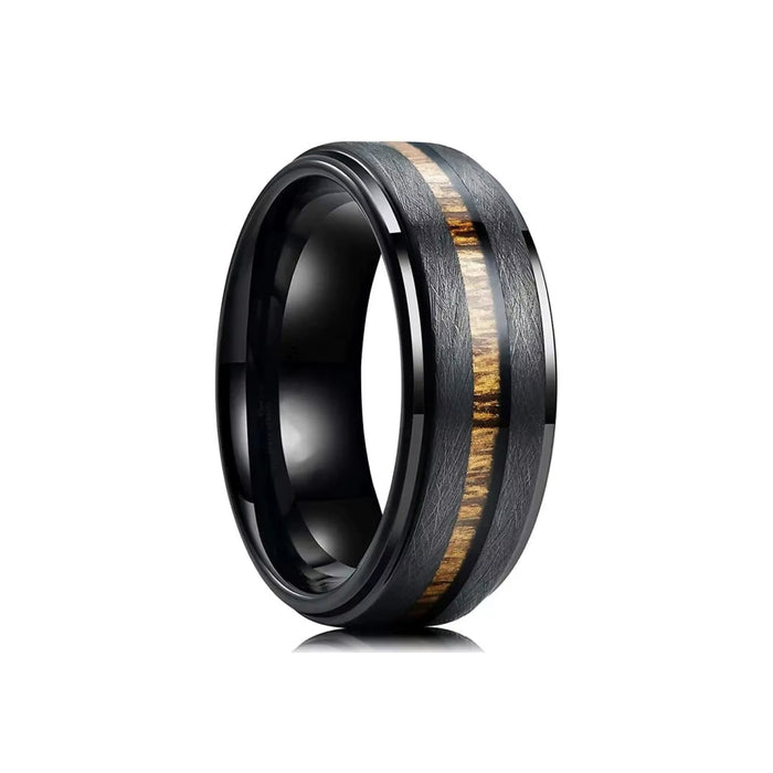 8mm Black Stainless Koa Wood Inlay Steel Ring