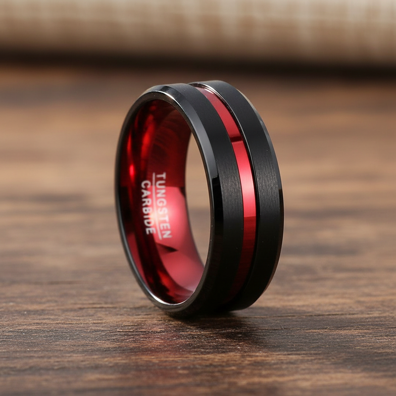 8MM Black & Red Tungsten Carbide Ring