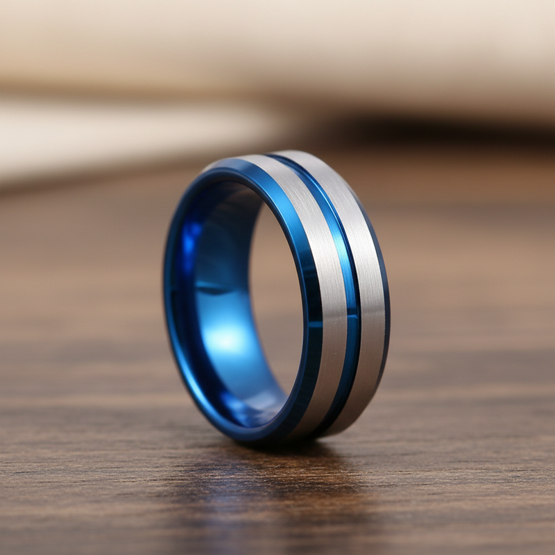 8mm Black Tungsten Carbide Ring with Blue