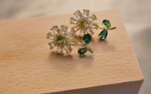 Flower CZ Earrings with Green CZ Leafs - Gold Plated Nature - Gift for her- Gift for mom