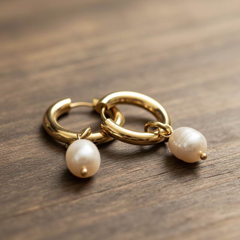 Freshwater Pearl Drop Hoop Earrings – Bold Minimalist Style in Gold, Rose Gold & Silver