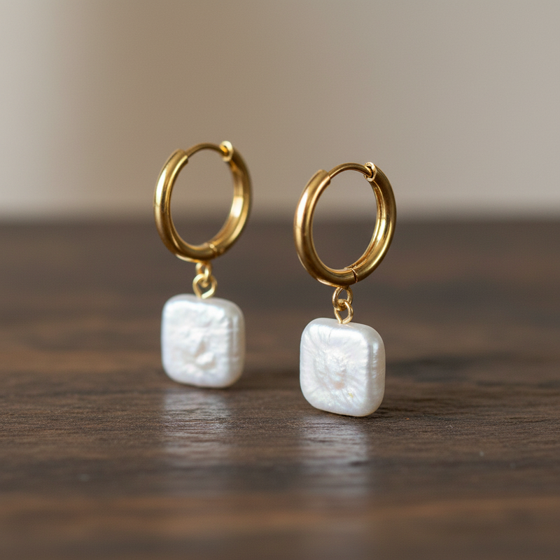Natural White Freshwater Baroque Square Hoop Earrings