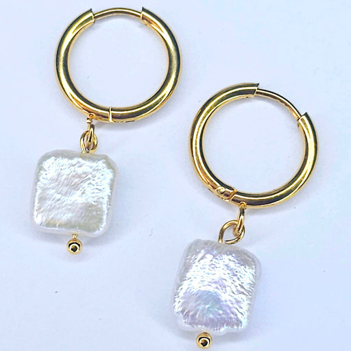 Natural White Freshwater Baroque Square Hoop Earrings front view on white background