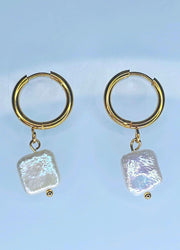 Detail of 18k Gold Plated finish on Natural White Freshwater Baroque Square Hoop Earrings