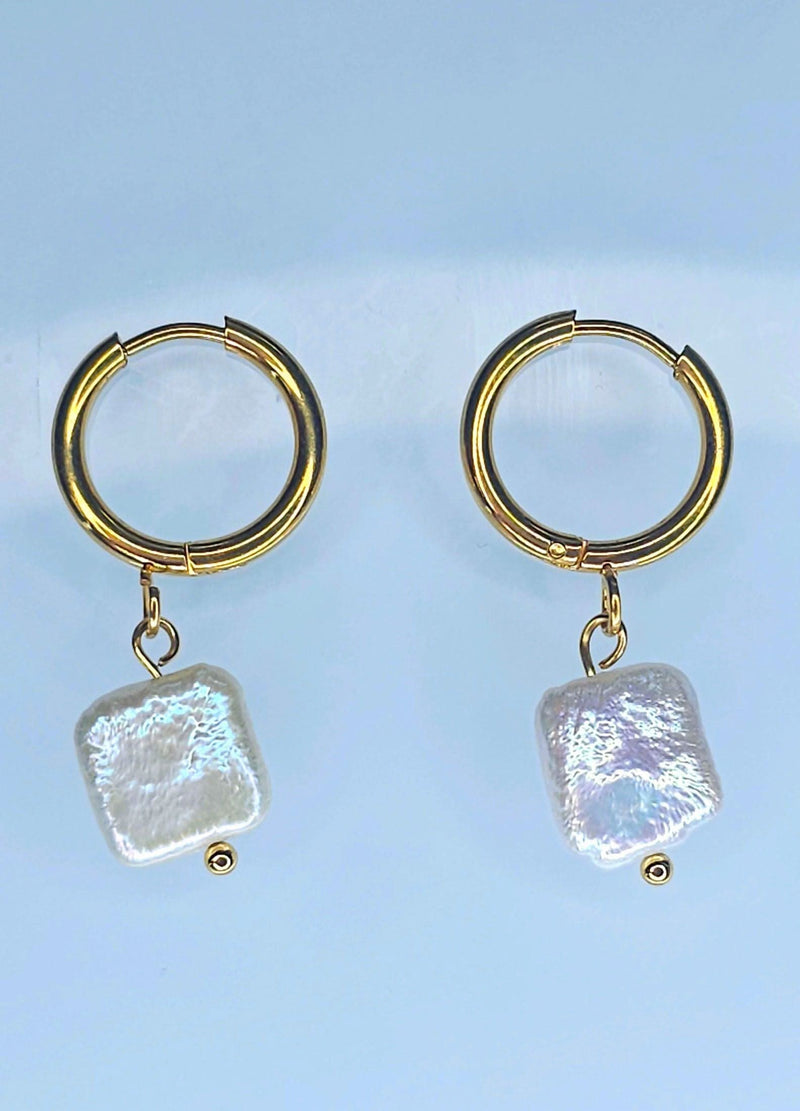 Detail of 18k Gold Plated finish on Natural White Freshwater Baroque Square Hoop Earrings