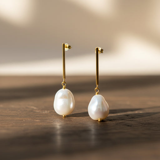 Long Bar Freshwater Baroque Pearl Earrings-Pearl Earrings-Sairahaz Jewelers