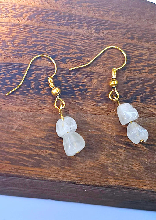 An image displaying a pair of elegant handmade moonstone birthstone earrings with gold-plated hooks, set against a soft background