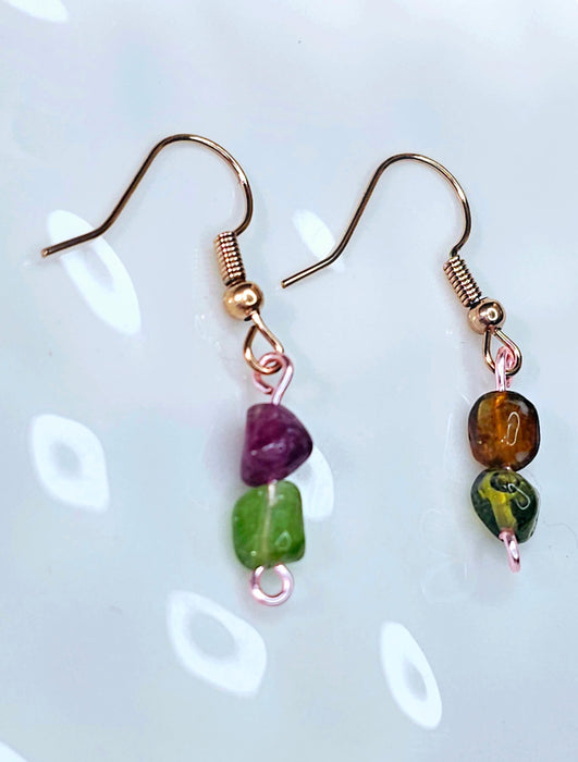 Handcrafted Tourmaline Green and Pink  Dangle Earrings - Embrace Elegance