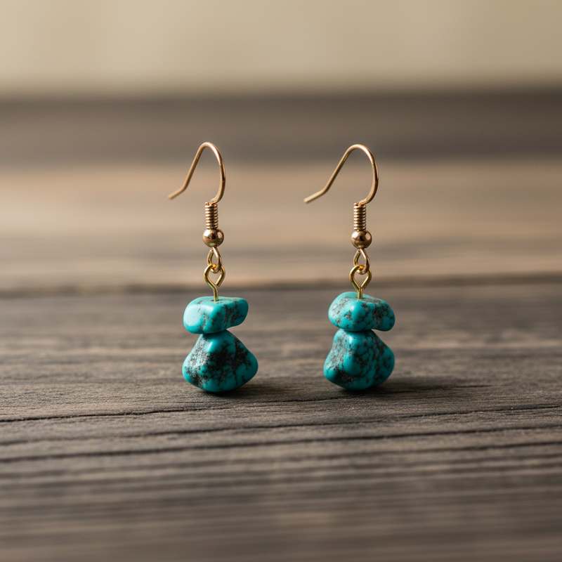 Real Turquoise Hook Earrings – Dual Natural Stones, 18K Gold-Plated