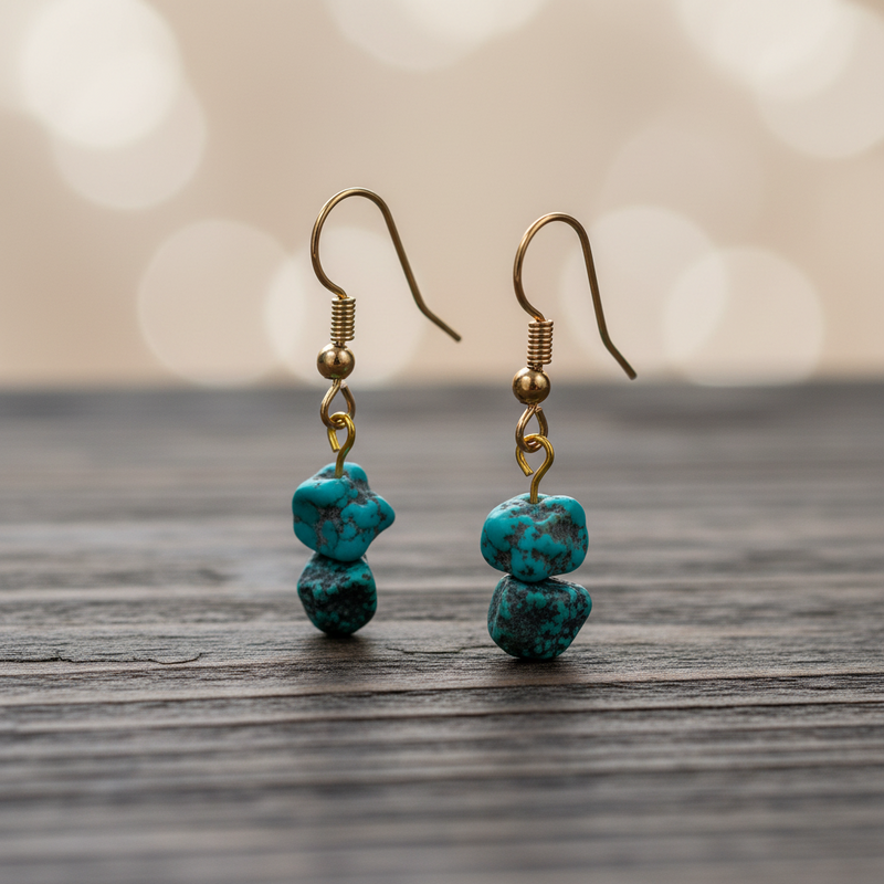 Real Turquoise Hook Earrings – Dual Natural Stones, 18K Gold-Plated
