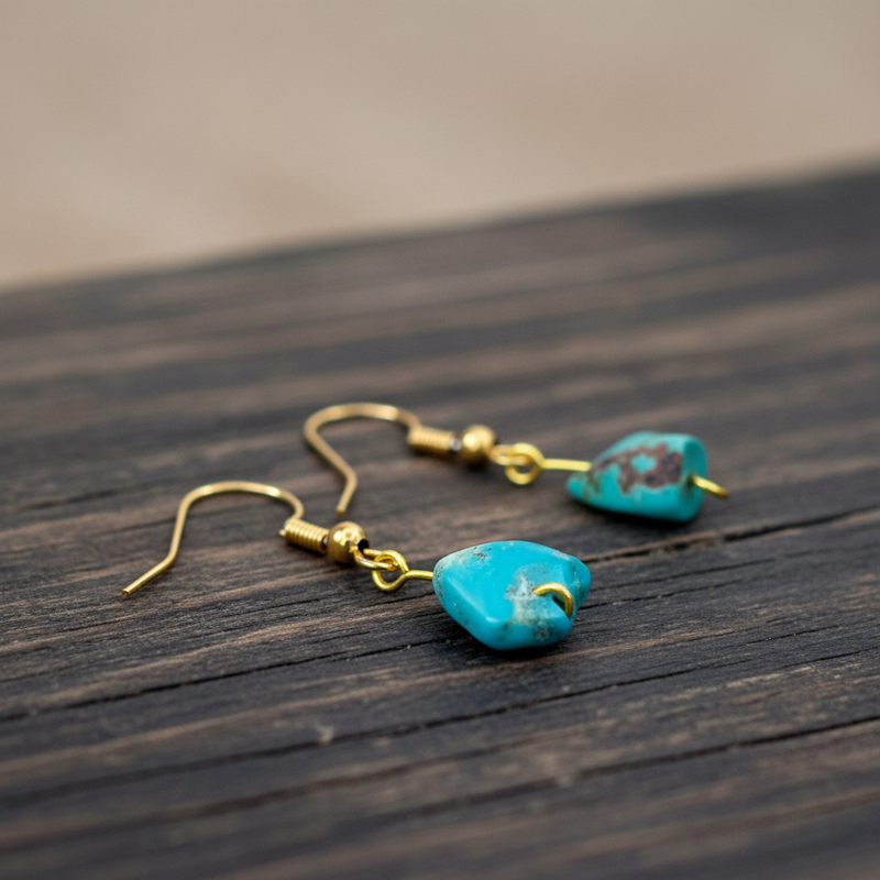 Handcrafted Real Turquoise Dangle Earrings – Natural Stone, 18K Gold-Plated