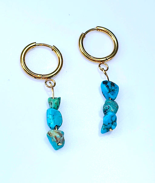 An image showcasing a pair of handcrafted hoop earrings adorned with three or four vibrant turquoise stones each. The earrings exude minimalist elegance and are perfect for December birthdays or anyone seeking timeless style.