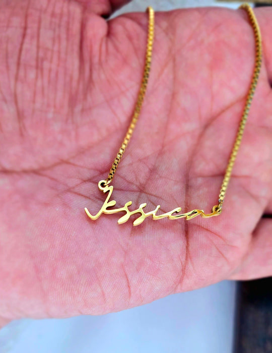 Gold Tiny Minimalist Custom Name Necklace on hand