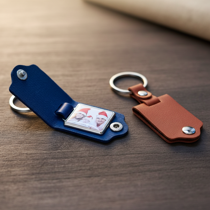 Custom Picture Keychain with Faux Leather Accent