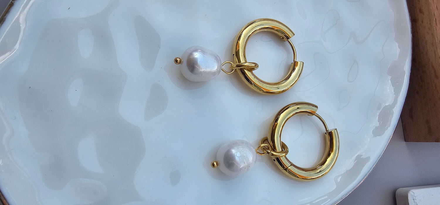 Bold Pearl Drop Hoop Earrings-Pearl Earrings-Sairahaz Jewelers