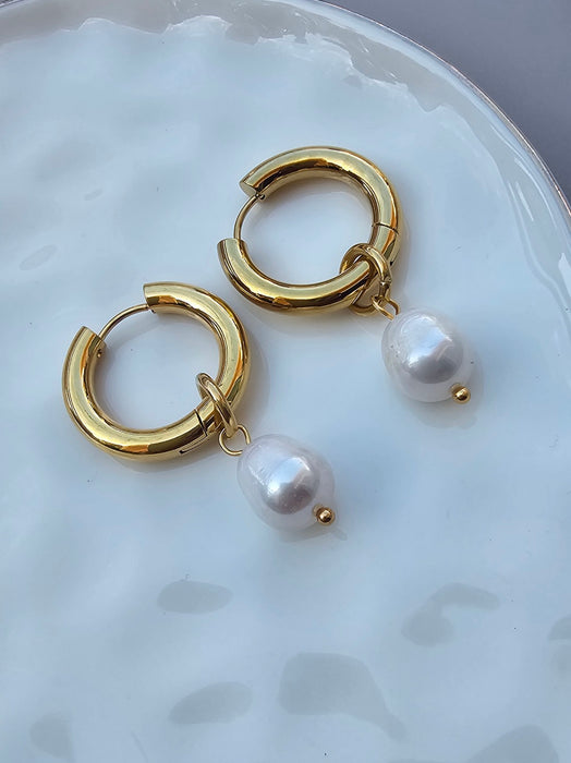 Bold Pearl Drop Hoop Earrings-Pearl Earrings-Sairahaz Jewelers