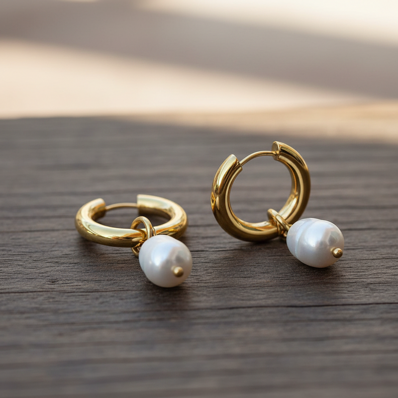 Freshwater Pearl Drop Hoop Earrings – Bold Minimalist Style in Gold, Rose Gold & Silver
