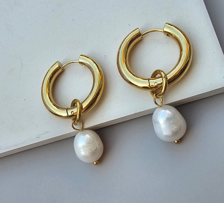 Bold Pearl Drop Hoop Earrings-Pearl Earrings-Sairahaz Jewelers