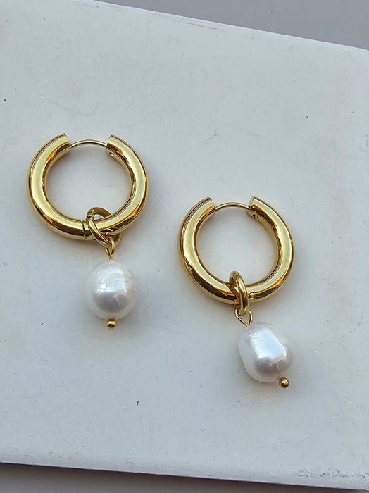 Bold Pearl Drop Hoop Earrings-Pearl Earrings-Sairahaz Jewelers