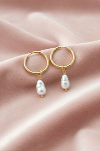Large freshwater pearl hoop dangle earrings with gold hoop setting