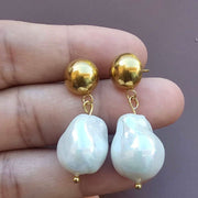 Half Ball Studs with Baroque Pearl Drops-Pearl Earrings-Sairahaz Jewelers
