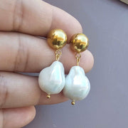 Half Ball Studs with Baroque Pearl Drops-Pearl Earrings-Sairahaz Jewelers