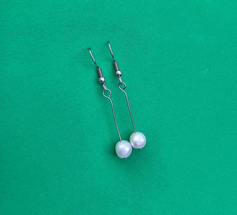 Long Round Pearl Earrings In Silver Plated