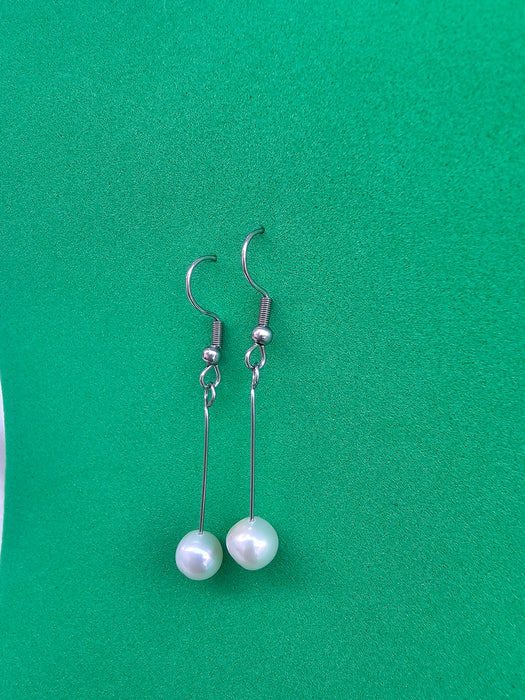 Long Round Pearl Earrings In Silver Plated