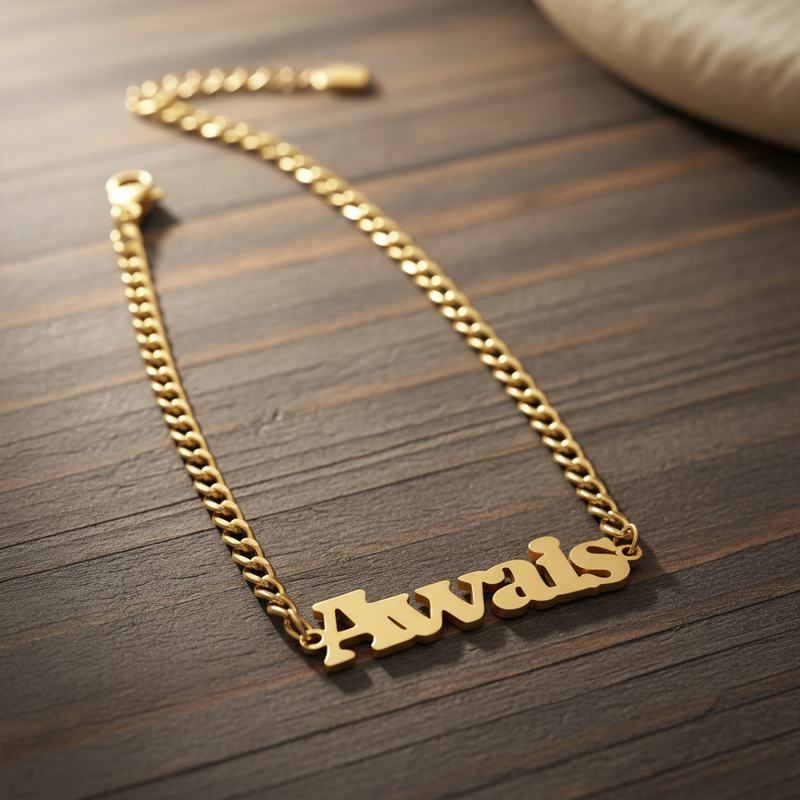 Bold custom name bracelet in gold plated steel with personalized lettering