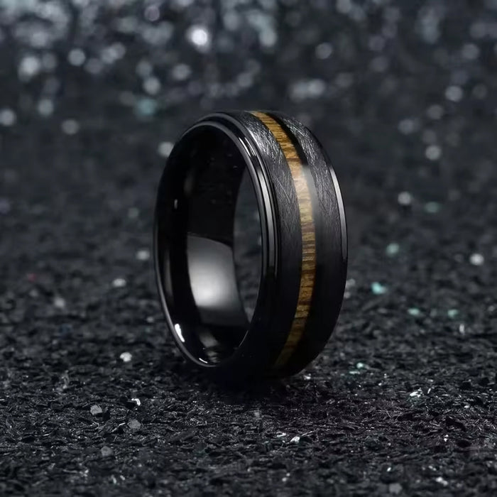 8mm Black Stainless Koa Wood Inlay Steel Ring