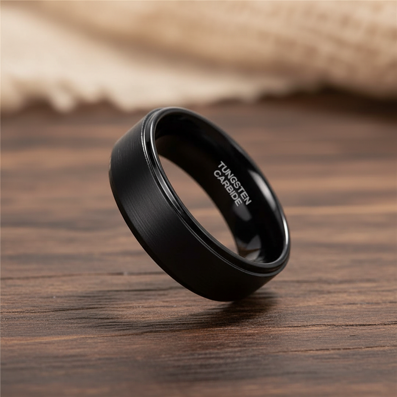 8mm Tungsten Carbide Black Brushed Wedding Ring