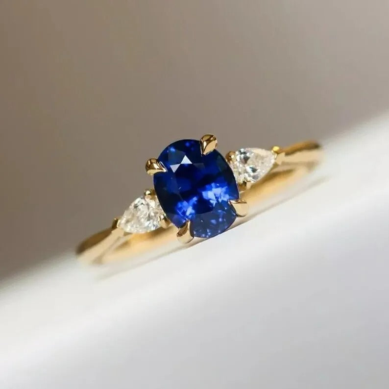 Royal Blue Lab-Created Sapphire & CZ Three-Stone Ring