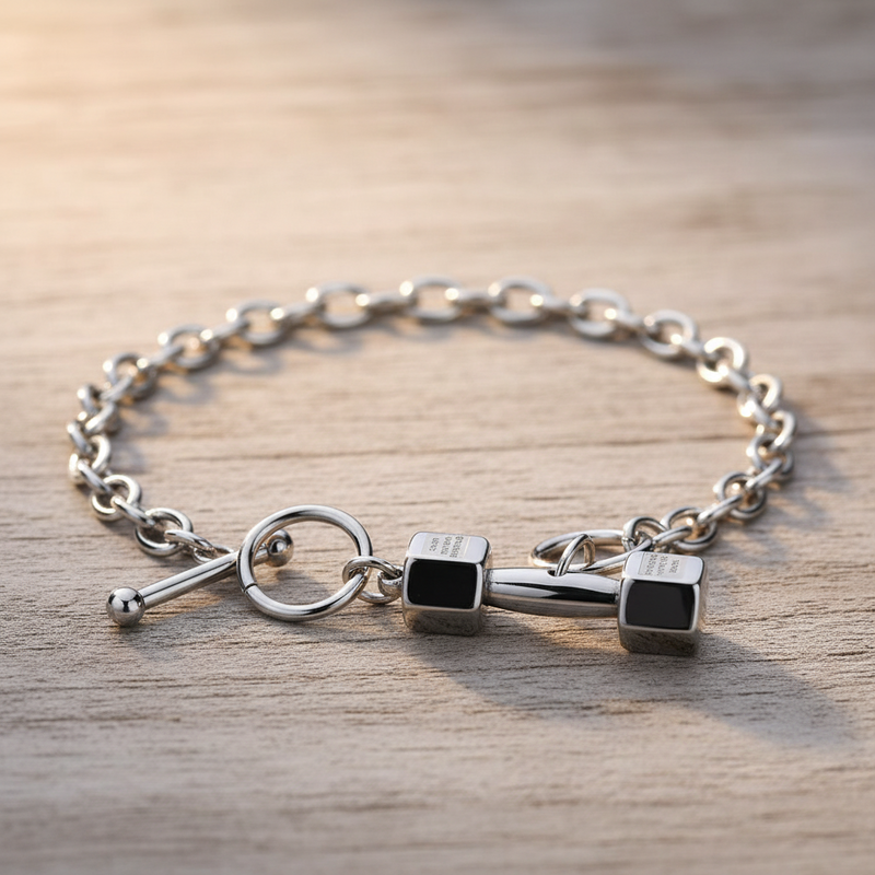 Dumbbell Bracelet – Silver Stainless Steel Gym Bracelet