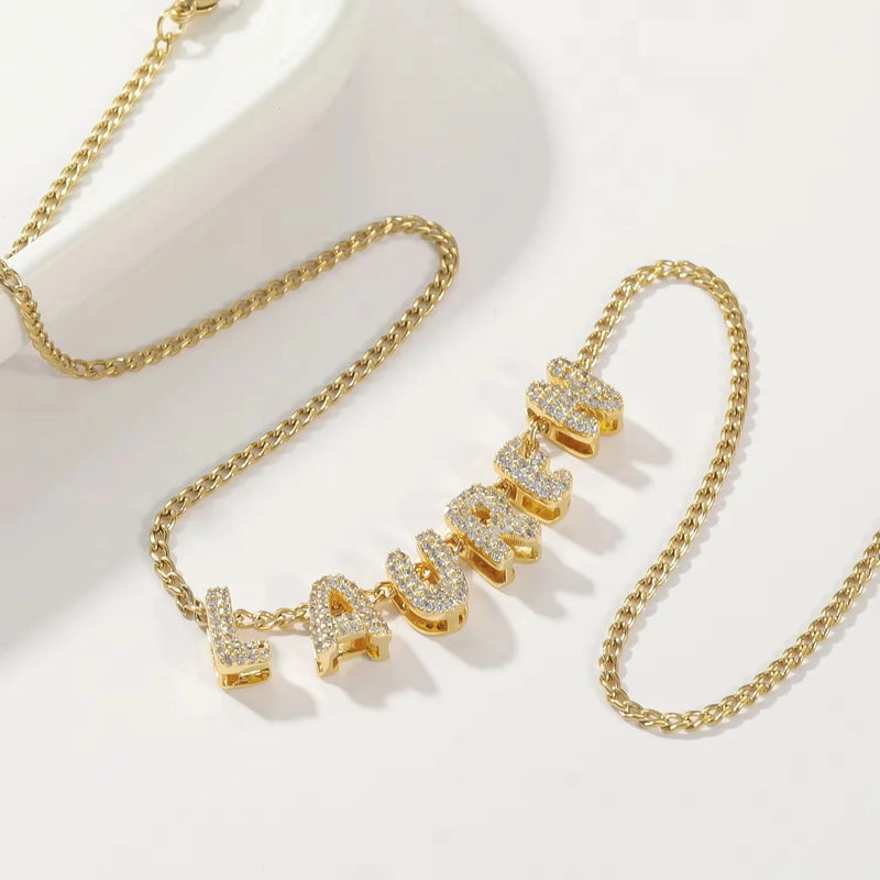 3D Bubbles CZ Letters Custom Name Necklace sliding letters