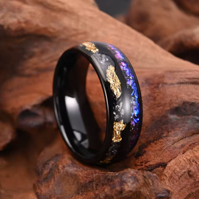 Gold with Opel Inlay Tungsten Men’s Ring-Tungsten Ring-Sairahaz Jewelers