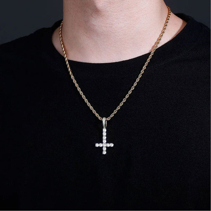 Upside Down Cross Iced Out Hip Hop Pendant Necklace