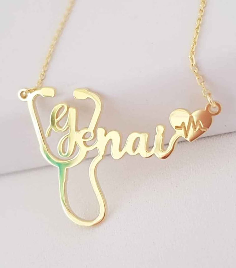 Custom Name Necklace Personalized Stethoscope Pendant | Gold Silver Rose Gold
