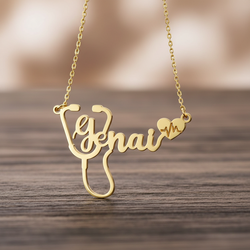 Custom Name Necklace Personalized Stethoscope Pendant | Gold Silver Rose Gold